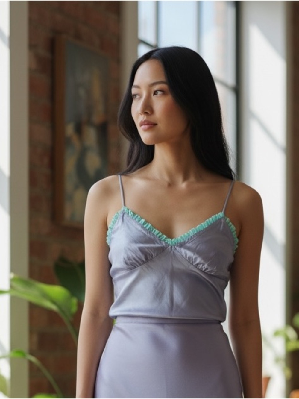Vintage Silk Lavender Camisole Top with Turquoise Trim Size L